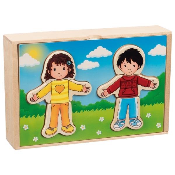 Anziehpuppenpuzzle Junge und Mädchen im Holzkasten